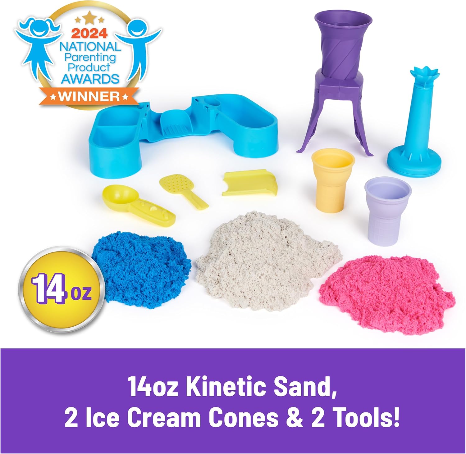 Kinetic Sand, station de service mou avec 396 g de sable de jeu (bleu, rose et blanc), 2 cornets de crème glacée et 2 outils